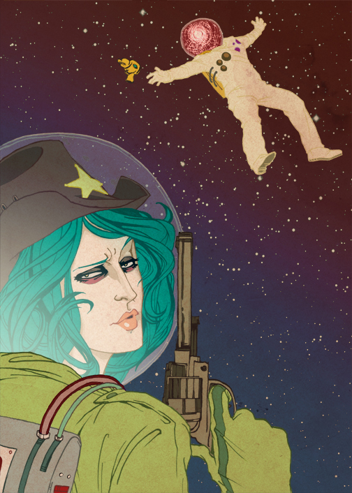 space cowgirl disapproves of cosmonaut boyfriend. space iron curtain still stands