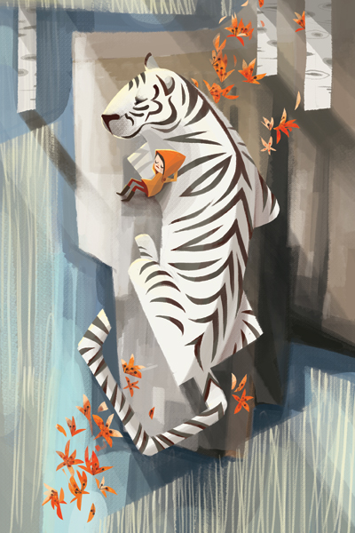 illustration of a child sleeping on a white tiger