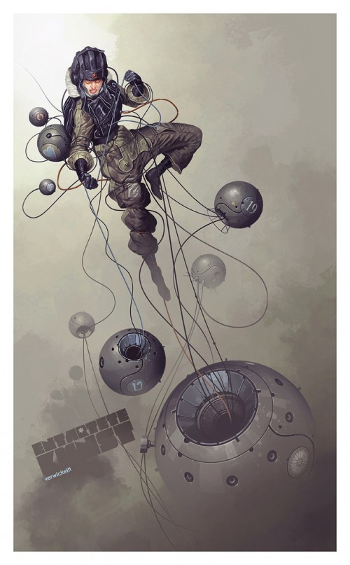 illustration of a spacewoman tangled in wires