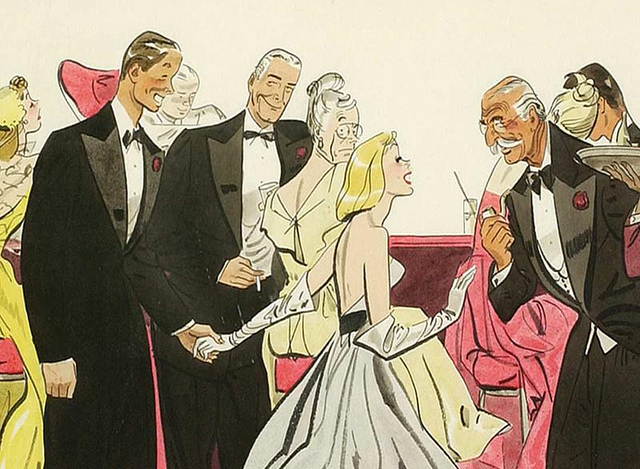 illustration of three men in tuxedos and women in evening gowns