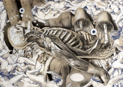 mixed media illustration of nude figures and skeletons