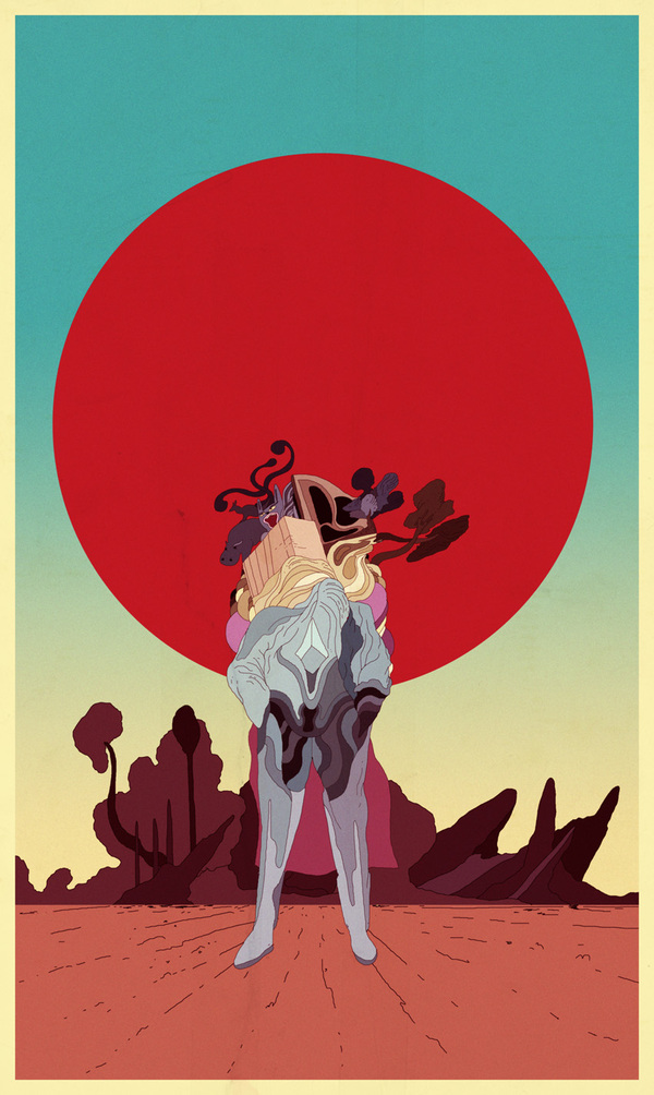 surreal illustration with a figure in front of a red sun