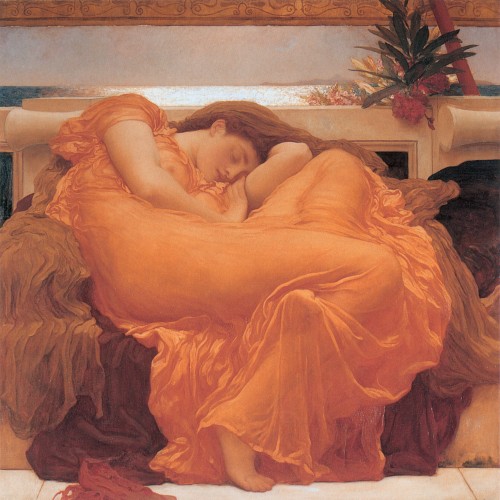 painting of sleeping woman in a flame red-orange dress