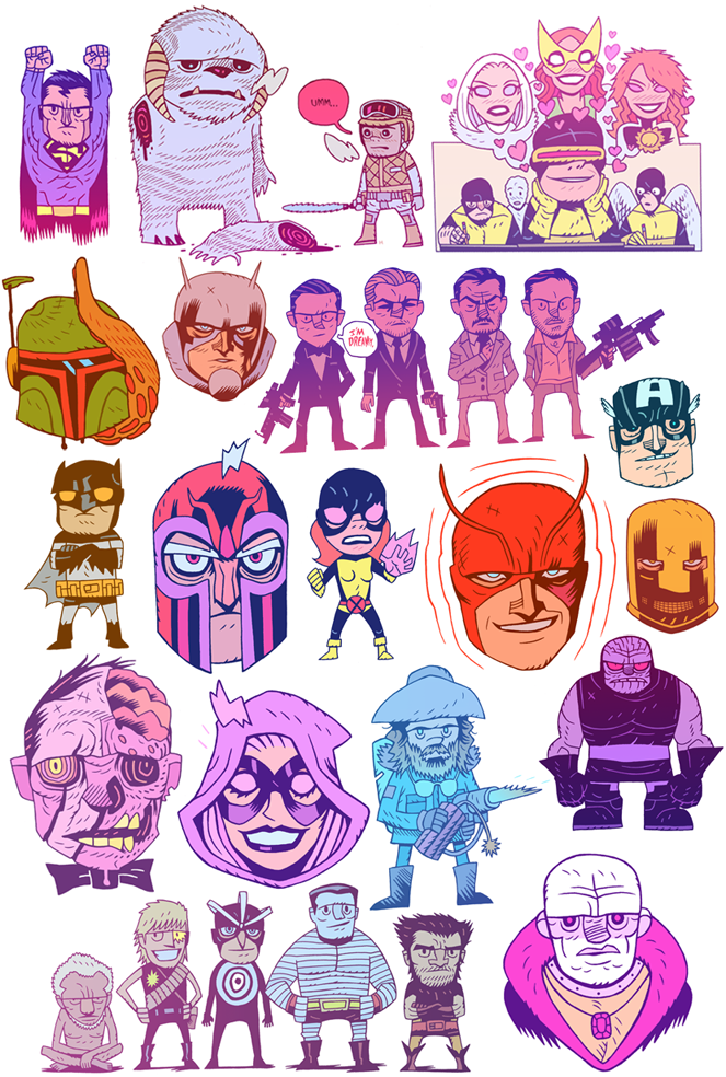 collage of many superheroes and film characters drawn in a cartoon style 1