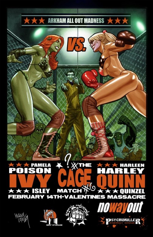 fan art poster promoting boxing match with harley quinn, poisin ivy and joker
