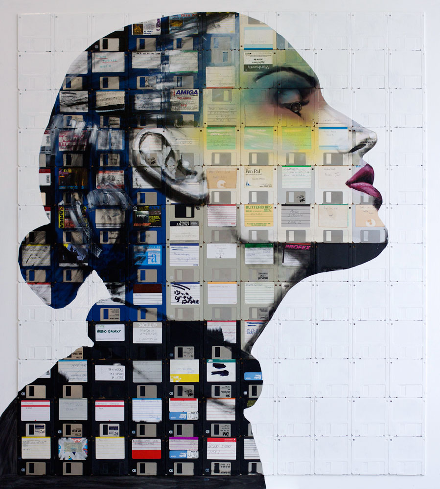 portrait of a woman in profile painted on old floppy disks
