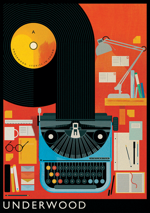 graphic illustration of a typewriter vinyl record and stationery