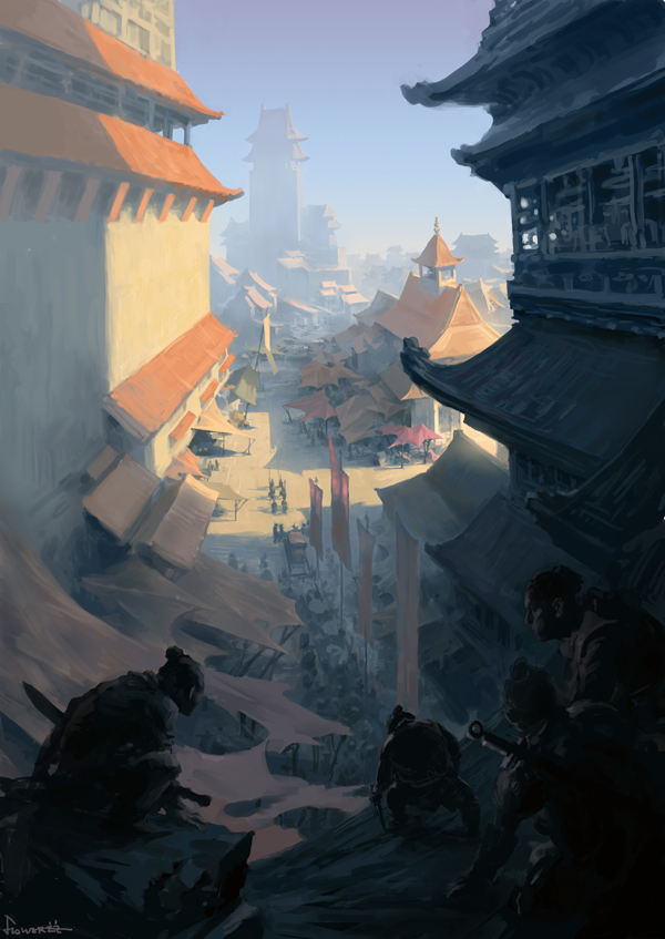 digital painting of assassins stalking a Japanese fantasy town