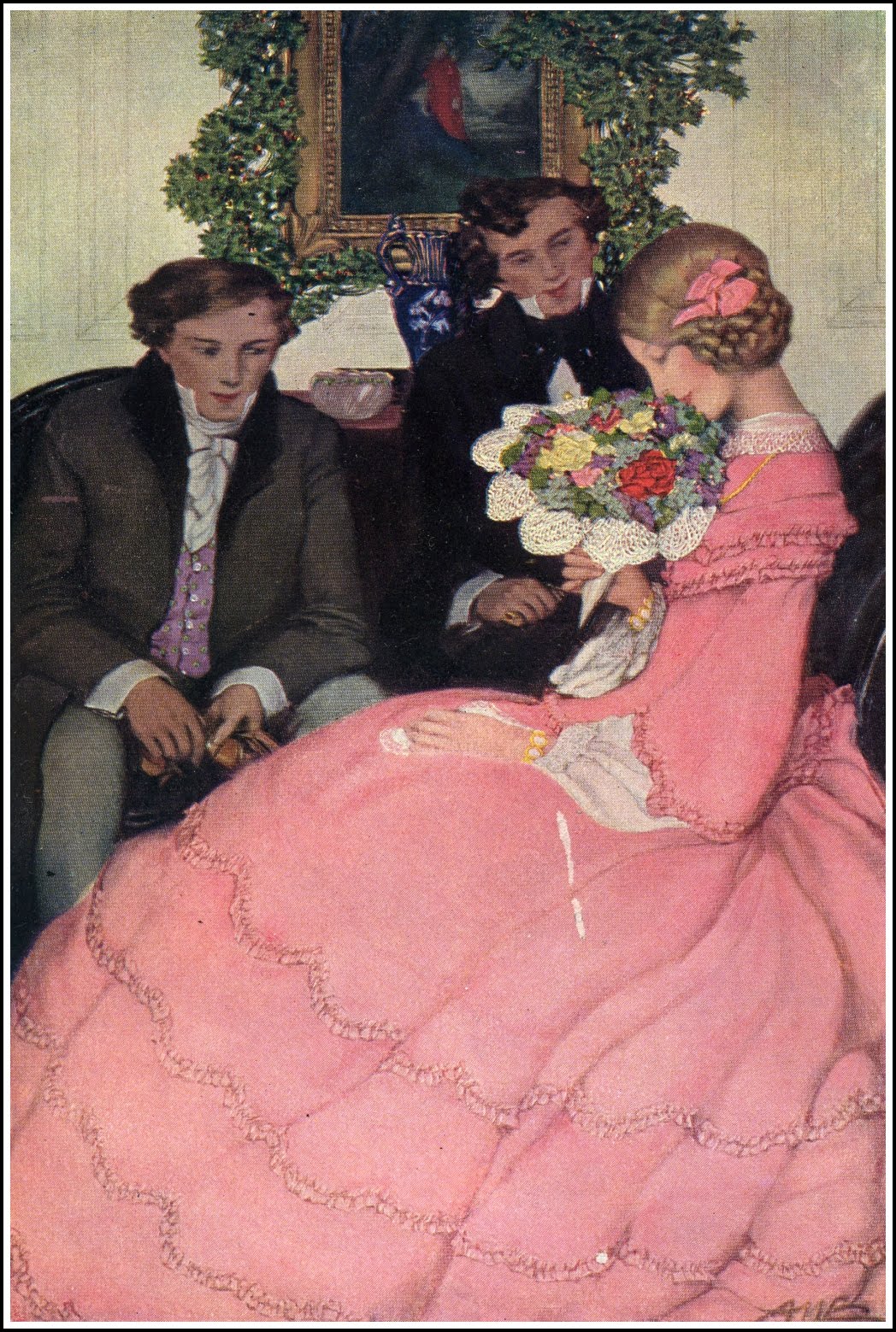 painting of two suitors and a woman in a pink dress with a bouquet