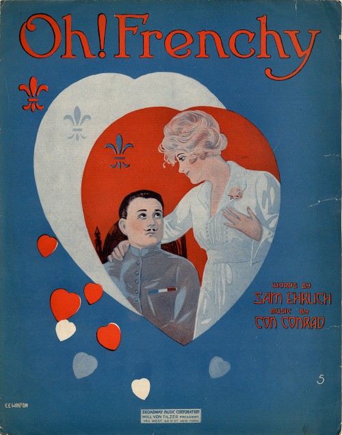 Oh! Frenchy. 1918 sheet music cover art featuring a nurse in white and a man with a pencil moustache.