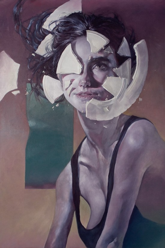 surreal painting of a woman with a china plate shattering against her face