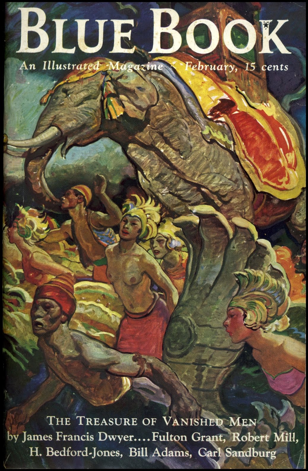cover to blue book magazine featyring elephants and people