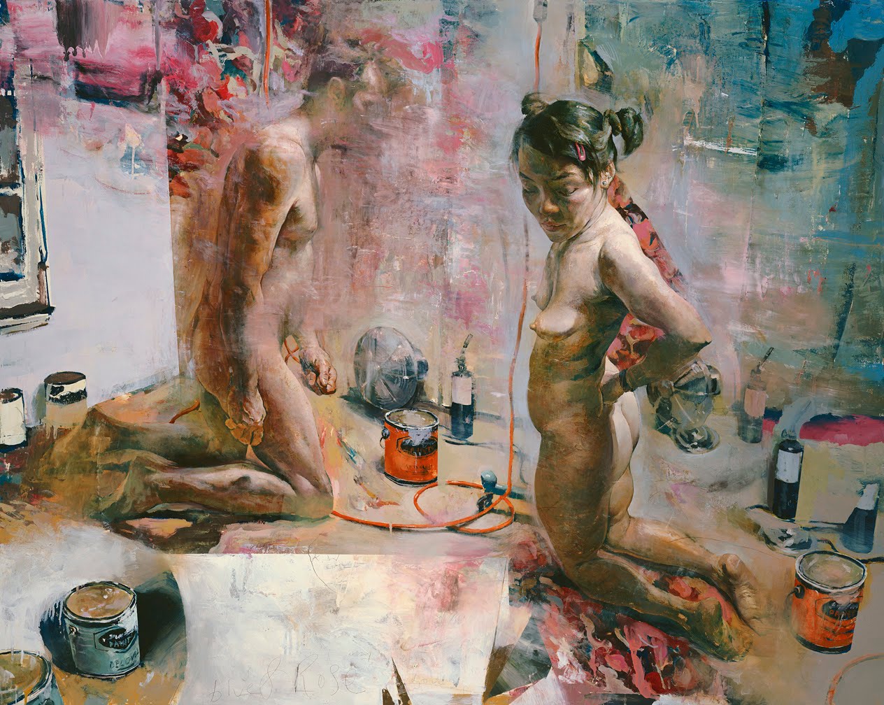 painting of two nude figures kneeling on a studio floor