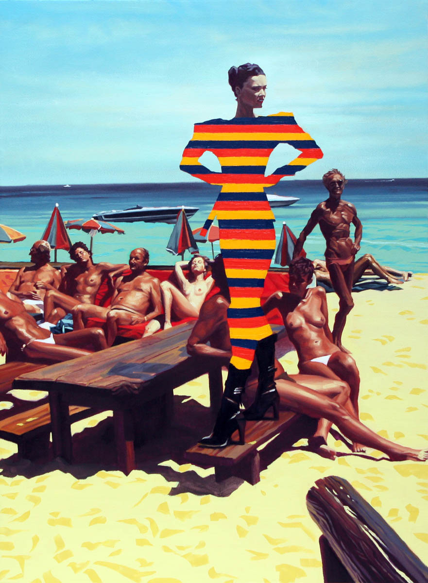 painting of nude sunbathers on a beach and a surreal model in a striped dress