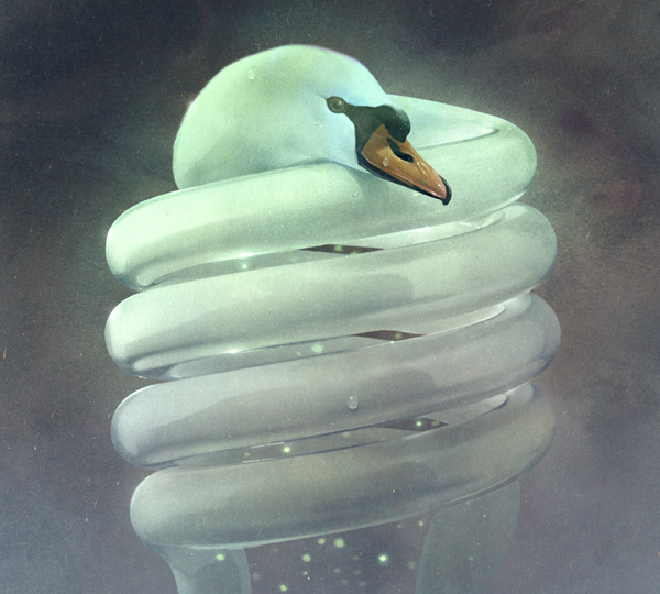 surreal painting of a swan fused with an energy saving bulb