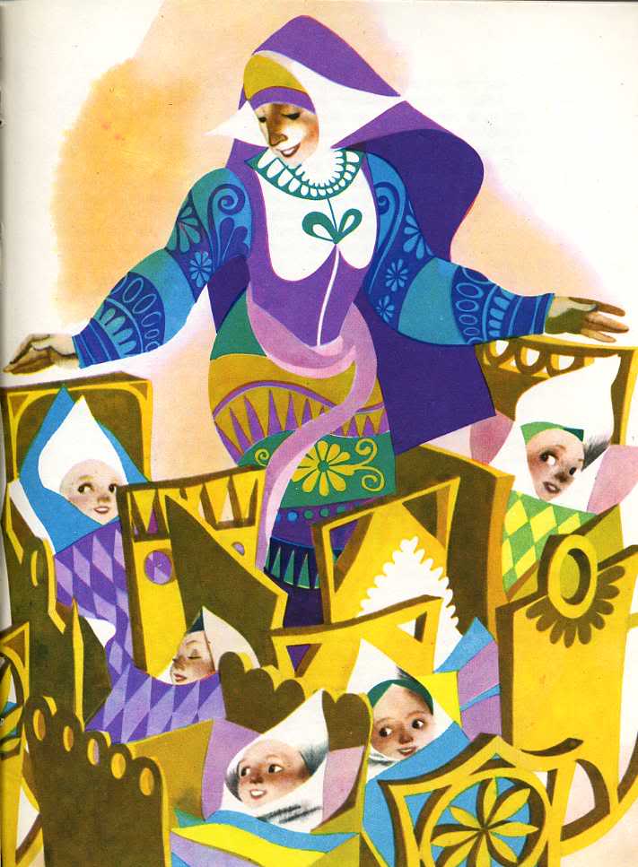 story book illustration of a woman with several babies in cribs