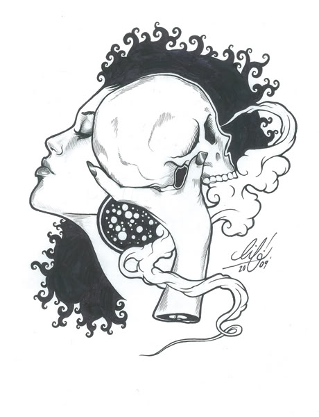 black & white illustration of a woman and a skull