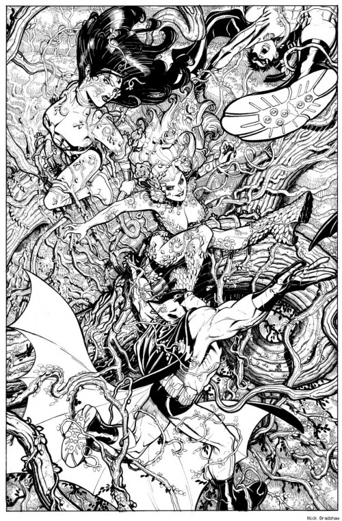 black & white inked drawing of poison ivy and batman heroes