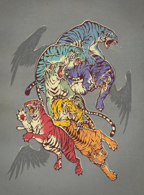 illustration of seven leaping tigers in rainbow colours