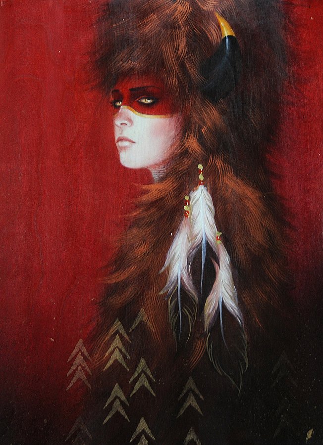 painting of a woman dressed in furs and feathers