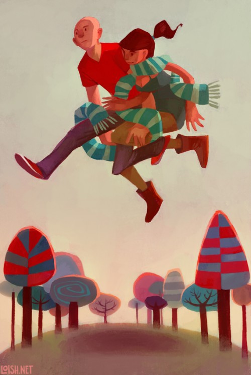 digital painting of two people leaping over a woodland