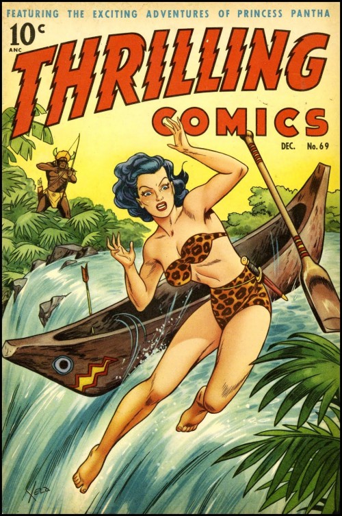 Illustration of a Jungle Heroine wearing leopard bikini falling from a canoe going over a waterfall