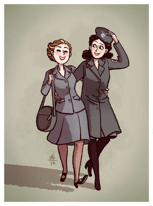 illustration of two women in military uniforms walking with their arms around each other