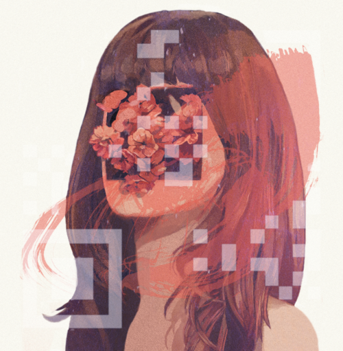 portrait painting of a woman with flowers and pixel graphics obscuring the face