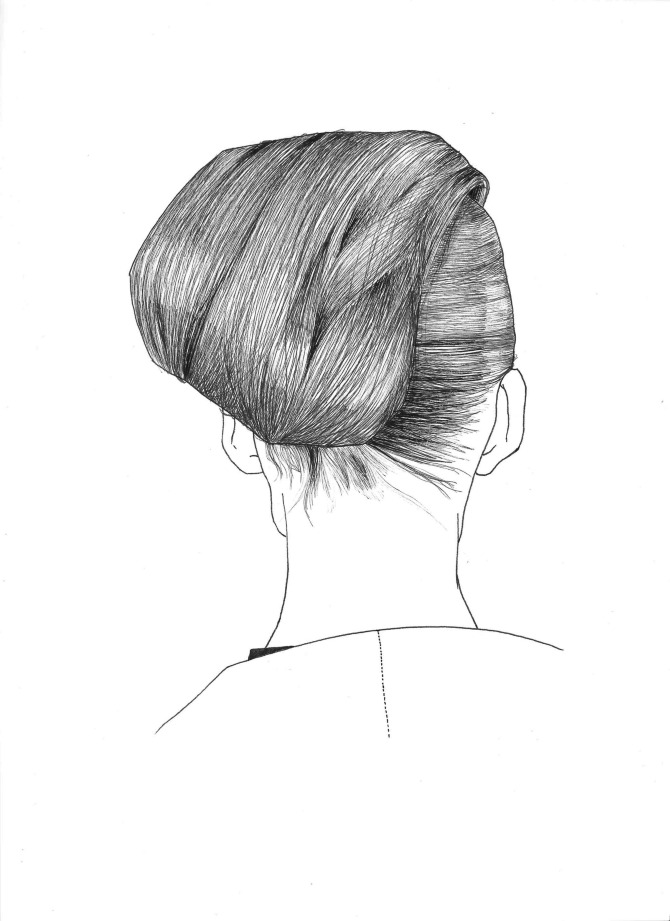pen & ink illustration of a woman's hair from the back