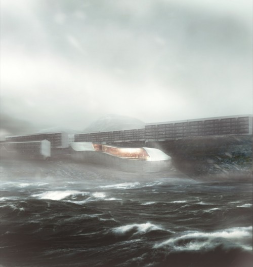 architectural rendering of greenland national gallery near rough seas