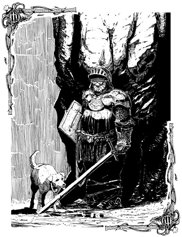 black & white pen drawing of a knight and a dog