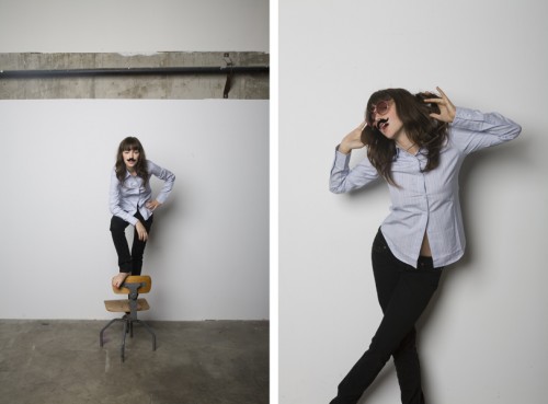 diptych of pictures of a woman wearing a fake mustache