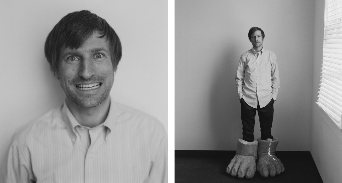 black and white diptych portrait of a man wearing giant feet