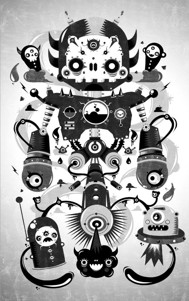 black and white symmetrical poster of robots