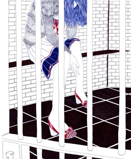 ballpoint pen illustration of a woman behind bars