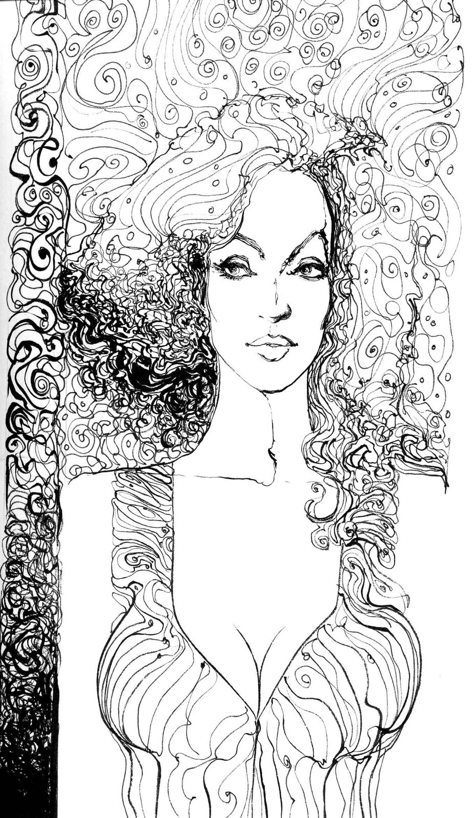 black & white ink drawing of a woman with curly hair