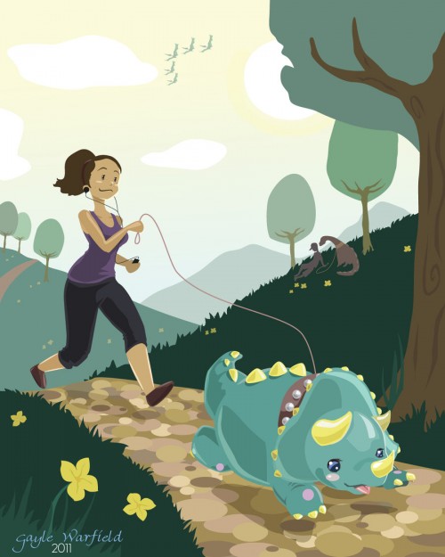 Vector illustration of a pony-tailed woman in a tank-top running down a park path behind her leashed baby triceratops.
