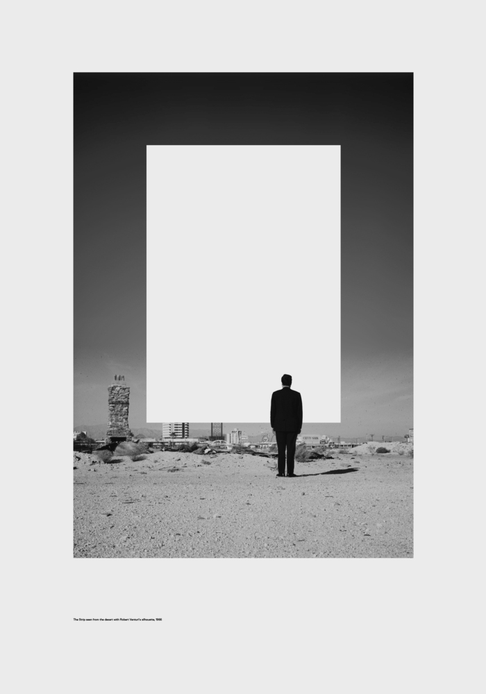 poster showing man looking at city from wasteland with white rectangle