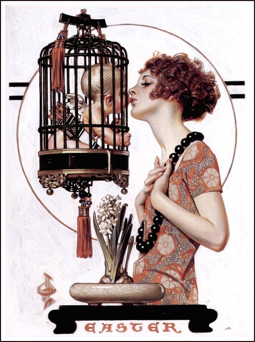 woman kissing a caged cherub