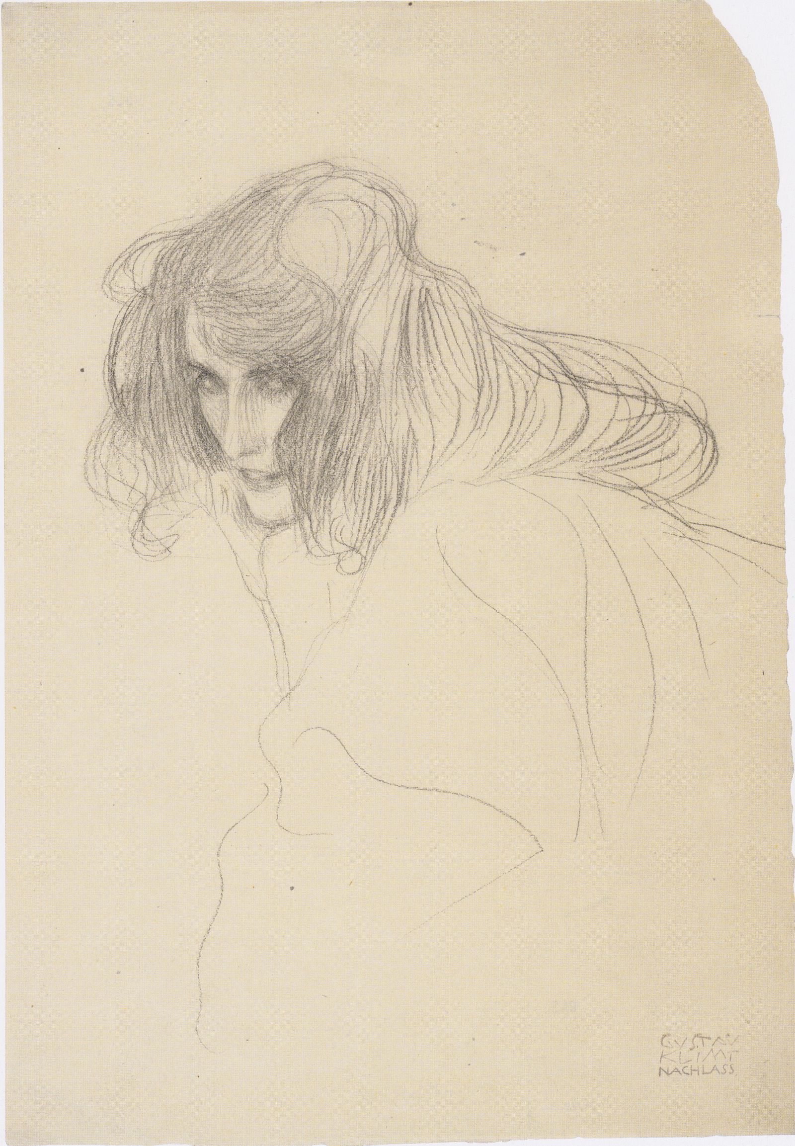 Pencil sketch by Klimpt of a woman's three-quarter profile