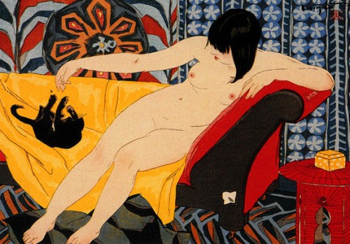 Japanese print of nude playing with cat