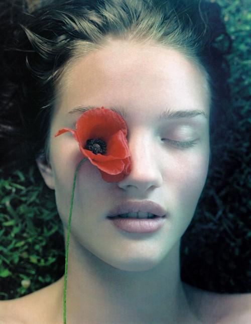 A red poppy covering one of Rosie Huntington-Whiteley's eyes