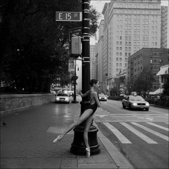 ballerina at street crossing in new york city