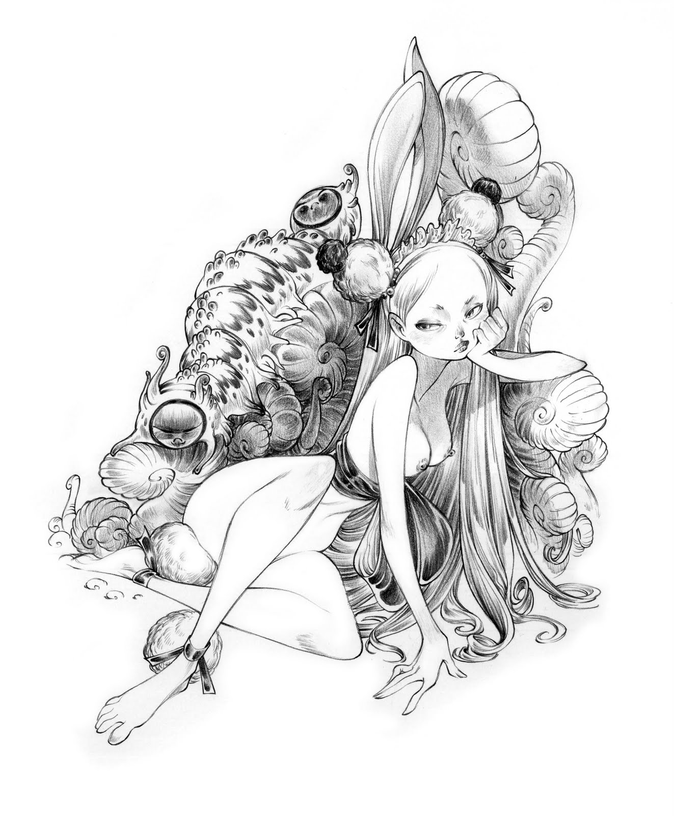sketch of nude alice and caterpillar by alessandro barbucci