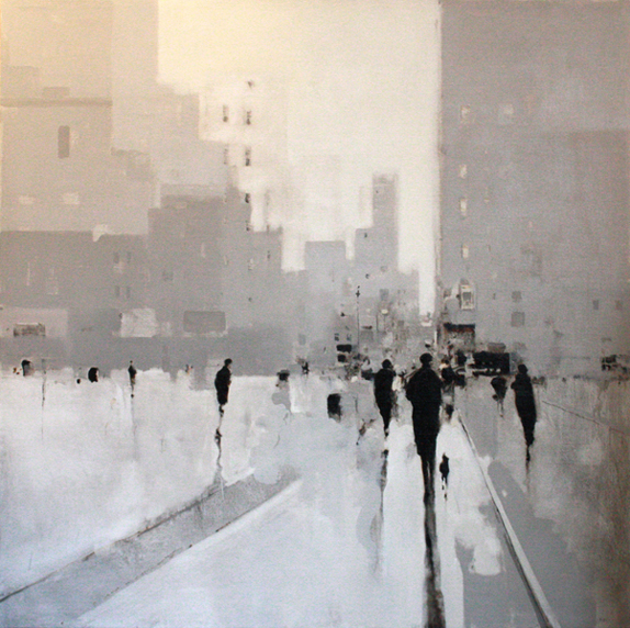 figures walking up a city street by jeffrey johnson