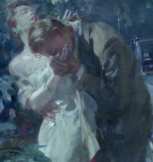 detail of painting by john gannam showing woman's hand being kissed by man