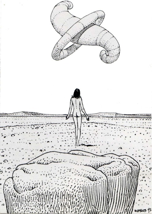 nude woman standing before floating object by moebius