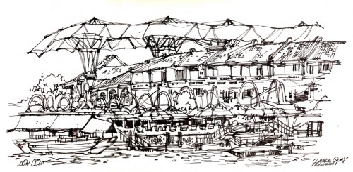 Pen and ink drawing of Clarke Quay