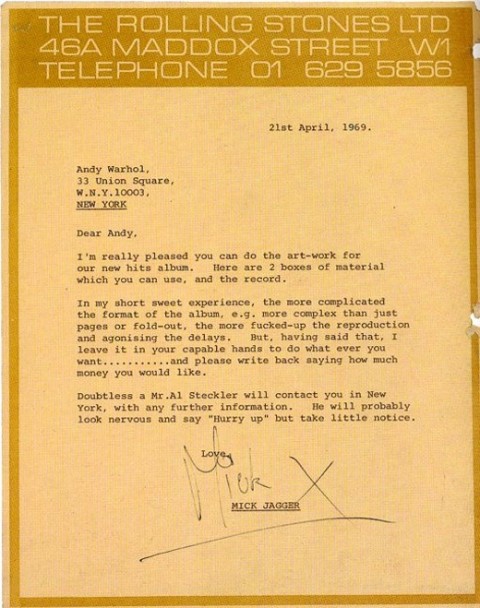letter from Mick Jagger to Andy Warhol