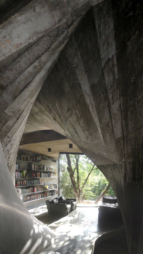 study with books overlooking trees, as seen through raw concrete fanned columns
